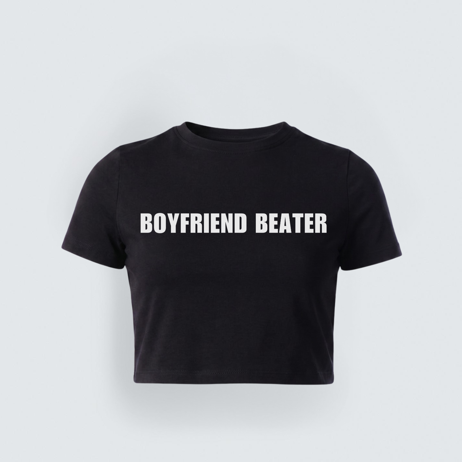 A black, cropped baby tee with a snug fit featuring "BOYFRIEND BEATER" printed in bold white text across the front.