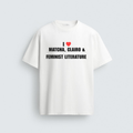 A white unisex t-shirt featuring the ironic text 'I [red heart] MATCHA, CLAIRO & FEMINIST LITERATURE' in bold black block letters across the front.
