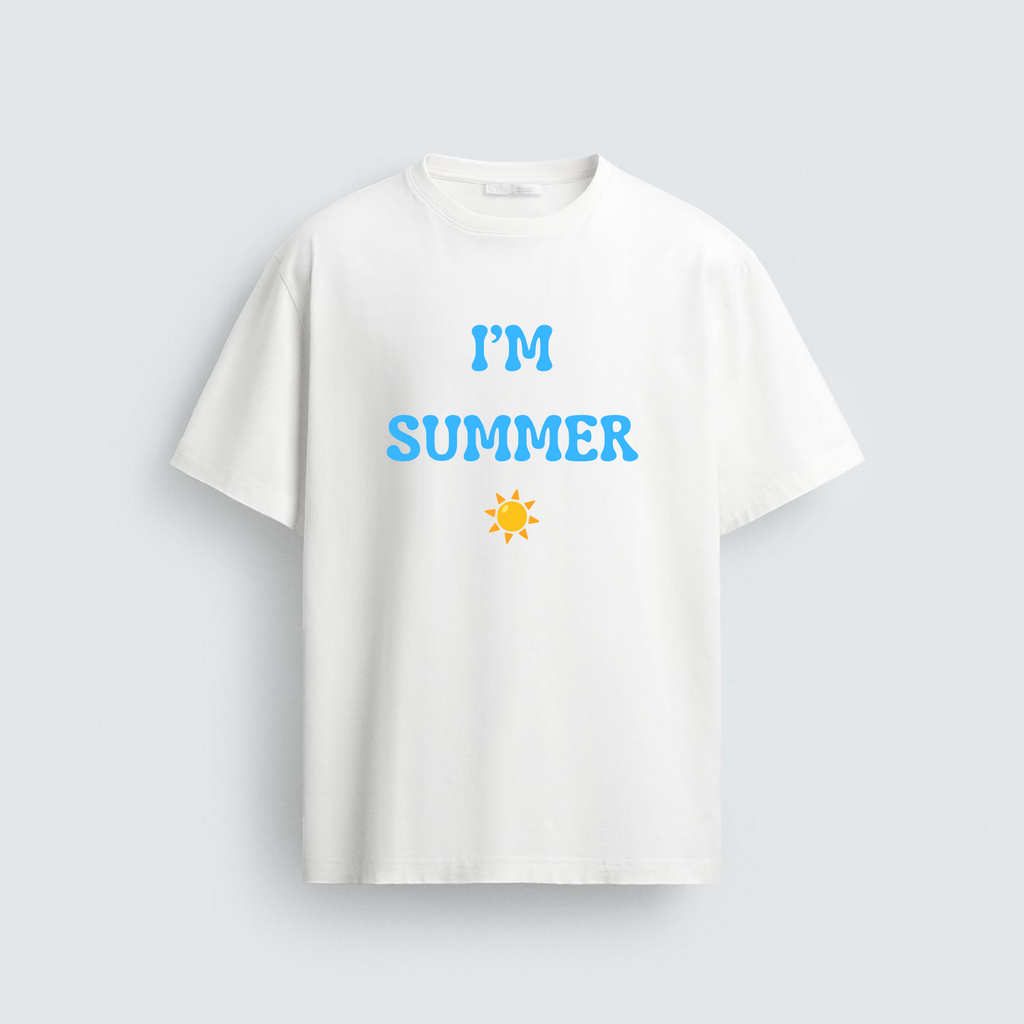 A white cotton regular-fit t-shirt from image_1b0bde.png featuring blue wavy text that reads "I'M SUMMER" with a single yellow sun emoji underneath.