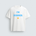 A white cotton regular-fit t-shirt from image_1b0bde.png featuring blue wavy text that reads "I'M SUMMER" with a single yellow sun emoji underneath.