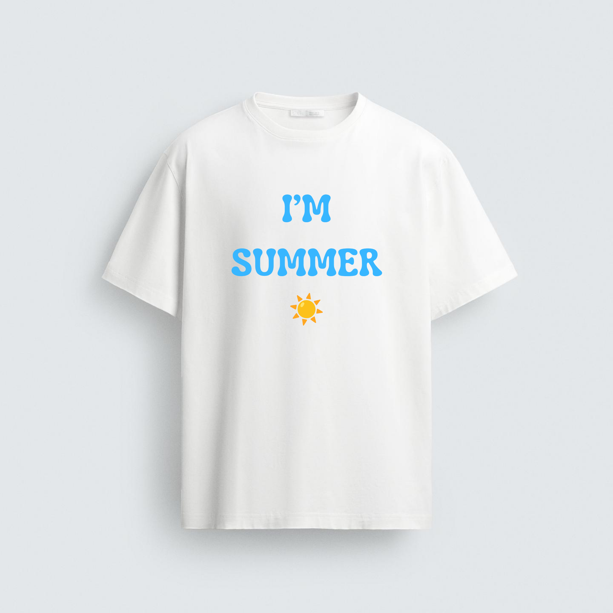 A white cotton regular-fit t-shirt from image_1b0bde.png featuring blue wavy text that reads "I'M SUMMER" with a single yellow sun emoji underneath.