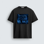 A regular fit black t-shirt featuring a glowing blue cosmic cat graphic with the text Mr. Balls written in a dripping neon font across the chest.
