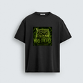 A regular fit black t-shirt featuring a glowing green lightning cat graphic with the text Mrs. Titties written in a dripping neon font across the center.