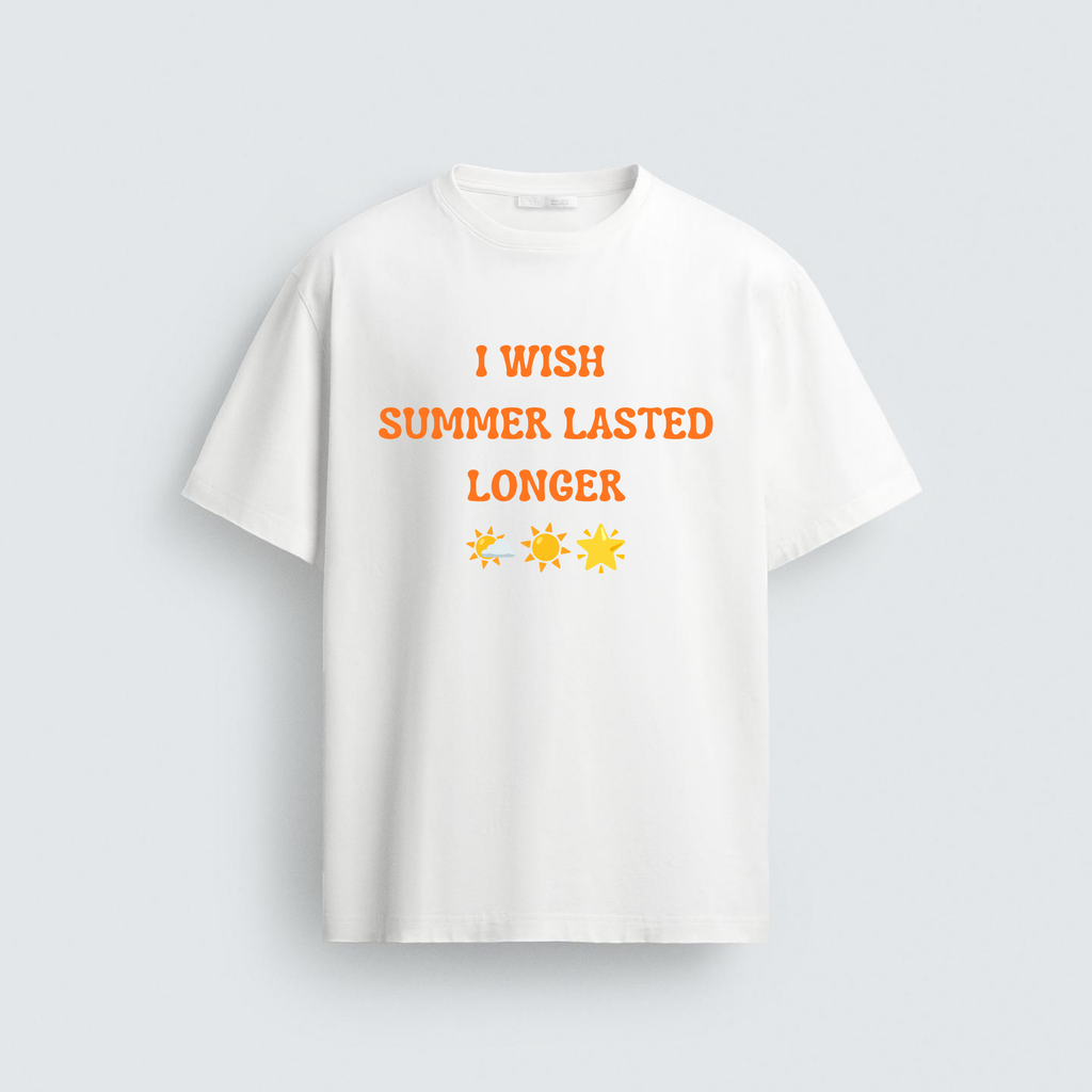 A white cotton regular-fit t-shirt from image_1b0bbd.png featuring orange wavy text that reads "I WISH SUMMER LASTED LONGER" with three sun and star emojis underneath.