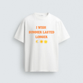 A white cotton regular-fit t-shirt from image_1b0bbd.png featuring orange wavy text that reads "I WISH SUMMER LASTED LONGER" with three sun and star emojis underneath.