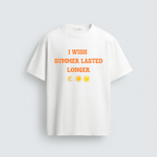 A white cotton regular-fit t-shirt from image_1b0bbd.png featuring orange wavy text that reads "I WISH SUMMER LASTED LONGER" with three sun and star emojis underneath.