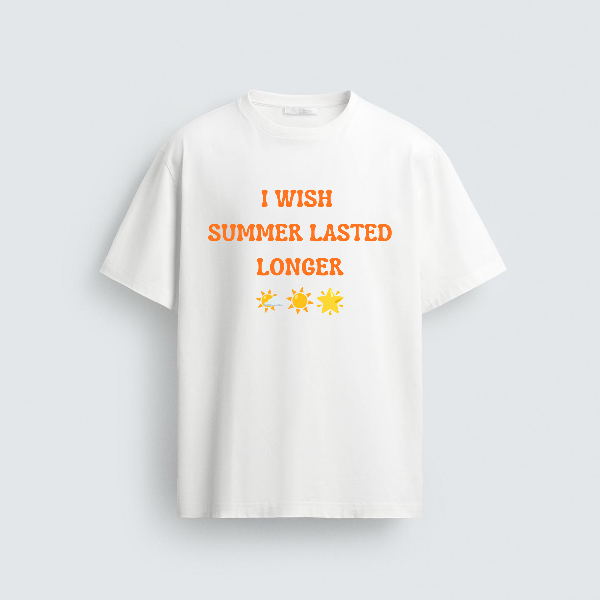 A white cotton regular-fit t-shirt from image_1b0bbd.png featuring orange wavy text that reads "I WISH SUMMER LASTED LONGER" with three sun and star emojis underneath.